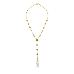 TIE NECKLACE WITH CRYSTALS AND BAROQUE PEARL, GOLD PLATED