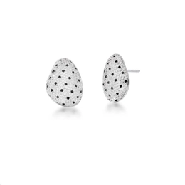 Curved earring with white and black zirconias bathed in rhodium