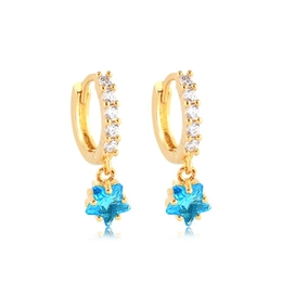 CLICK HOOP EARRING WITH CRYSTAL ZIRCONIA STONES AND GOLD PLATED AQUAMARINE STAR