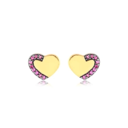 SMOOTH HEART EARRING WITH GOLD PLATED RUBY ZIRCONIA EDGE