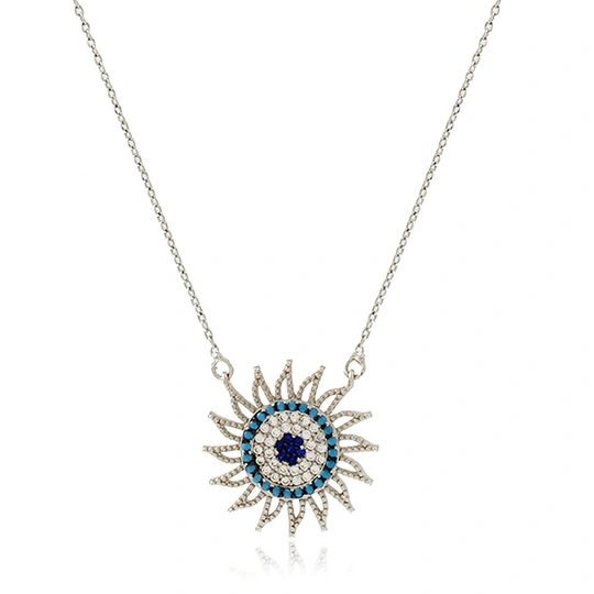 Blue sun necklace studded with crystal and blue zirconia