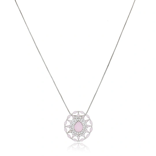 Bowery with rose quartz zirconia pendant in Rodio Branco