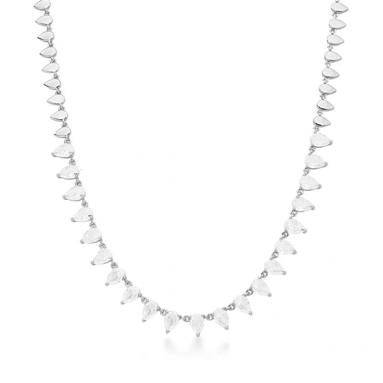 Necklace with plain drops and white crystals bathed to rhodium