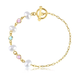 MINI CARTIER WIRE BRACELET WITH PEARLS BAROQUE SHELL WITH PINK ZIRCONIA AND GOLD PLATED AQUAMARINE