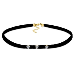 CHOKER IN SUEDE 32CM + EXTENDER WITH 3 HEARTS WITH GOLD-PLATED ZIRCONIA STONES