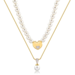 DOUBLE NECKLACE WITH PEARLS AND GOLD-PLATED HEART AND PEARL STITCH