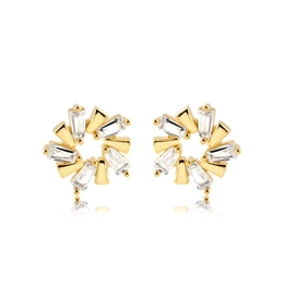 Round earring with Golden Plot Retangular Crystal Stones