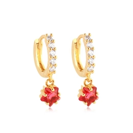 CLICK HOOP EARRING WITH CRYSTAL ZIRCONIA STONES AND GOLD PLATED RUBY STAR
