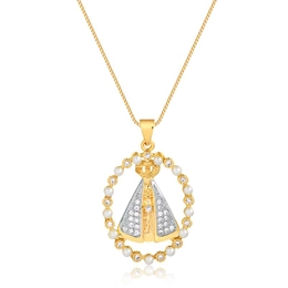 OUR LADY PENDANT WITH GOLD PLATED ZIRCONIA STONES AND PEARLS