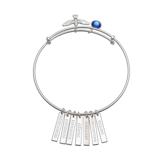Bracelete prata com placa dons do espírito santo e pedra chaton azul