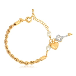 ITALIAN MESH BRACELET WITH PEARLS AND HEART PENDANTS AND GOLD-PLATED KEY