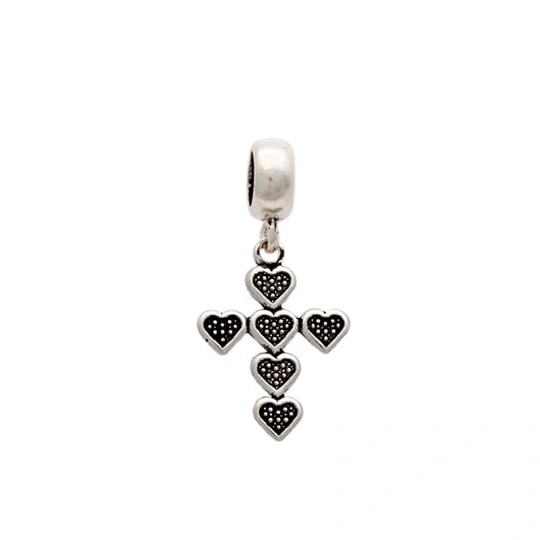 Aged Silver Cross Charm With 6 Hearts