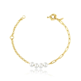 BRACELET WITH CARTIER AND PORTUGUESE MESH, BAROQUE SHEL PEARLS AND GOLD-PLATED BUOY CLOSURE