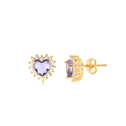 AMETHYST HEART EARRING WITH GOLD PLATED ZIRCONIA STONES