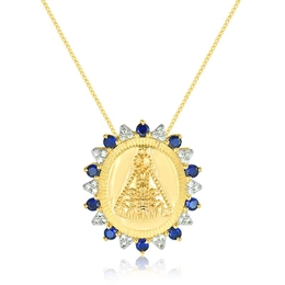 OUR LADY PENDANT WITH GOLD-PLATED ZIRCONIA STONES AND SAPHIRE