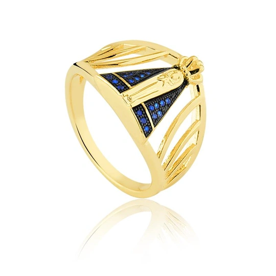 OUR LADY APARECIDA RING WITH GOLD-PLATED SAPPHIRE ZIRCONIA STONES