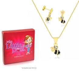 CHILDREN'S SET LITTLE BEE WITH GOLD-PLATED CRYSTAL AND BLACK ZIRCONIA STONES