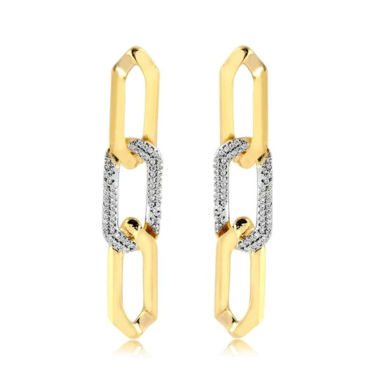 Earring three links with half studded with gold plated zirconias
