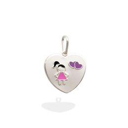Corazón colgante de plata con niña y 2 corazones de resina rosa