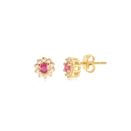 FLOWER EARRING 6MM RUBY AND LIGHT PINK GOLD PLATED