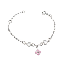 Children's silver bracelet with hearts and flower with pastel pink resin