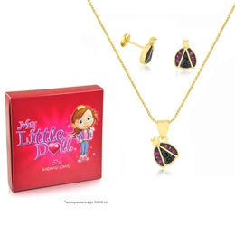 CHILDREN'S SET LADY WITH RUBY AND BLACK ZIRCONIA STONES GOLD PLATED