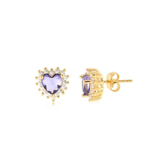 AMETHYST HEART EARRING WITH GOLD PLATED ZIRCONIA STONES