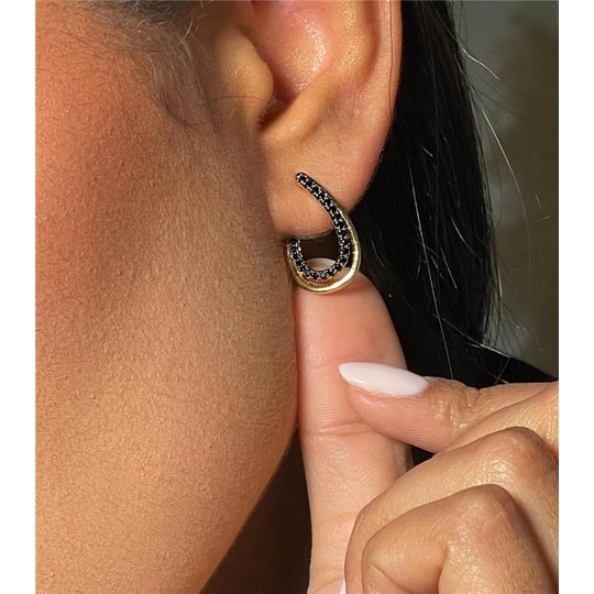 OVAL CROSS EARRING WITH BLACK ZIRCONIA STONES, GOLD PLATED