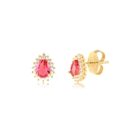 DROP EARRING WITH GOLD-PLATED RUBY AND CRYSTAL ZIRCONIA STONES