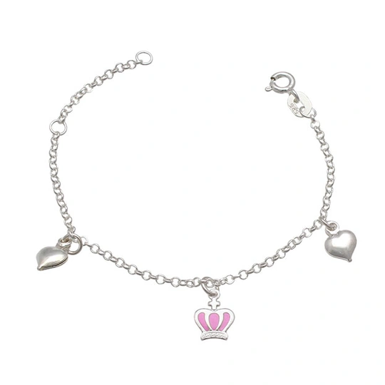 Children's silver bracelet with hearts and crown with pastel pink resin