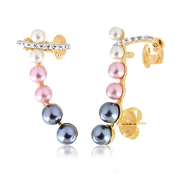 EAR CUFF EARRING WITH ZIRCONIA STONES AND COLOR PEARLS WITH GOLD PLATED SIDE HOOK