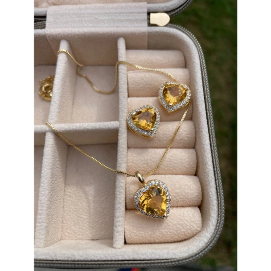 Heart pendant with micro zirconias, natural stone 10m citrus.