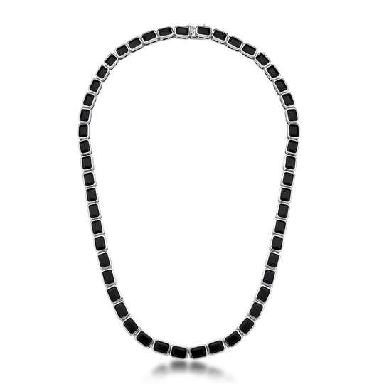 Necklace with rectangular crystals bathed to rhodium