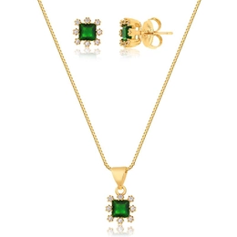 GOLD-PLATED CRYSTAL AND EMERALD ZIRCONIA STONES SET